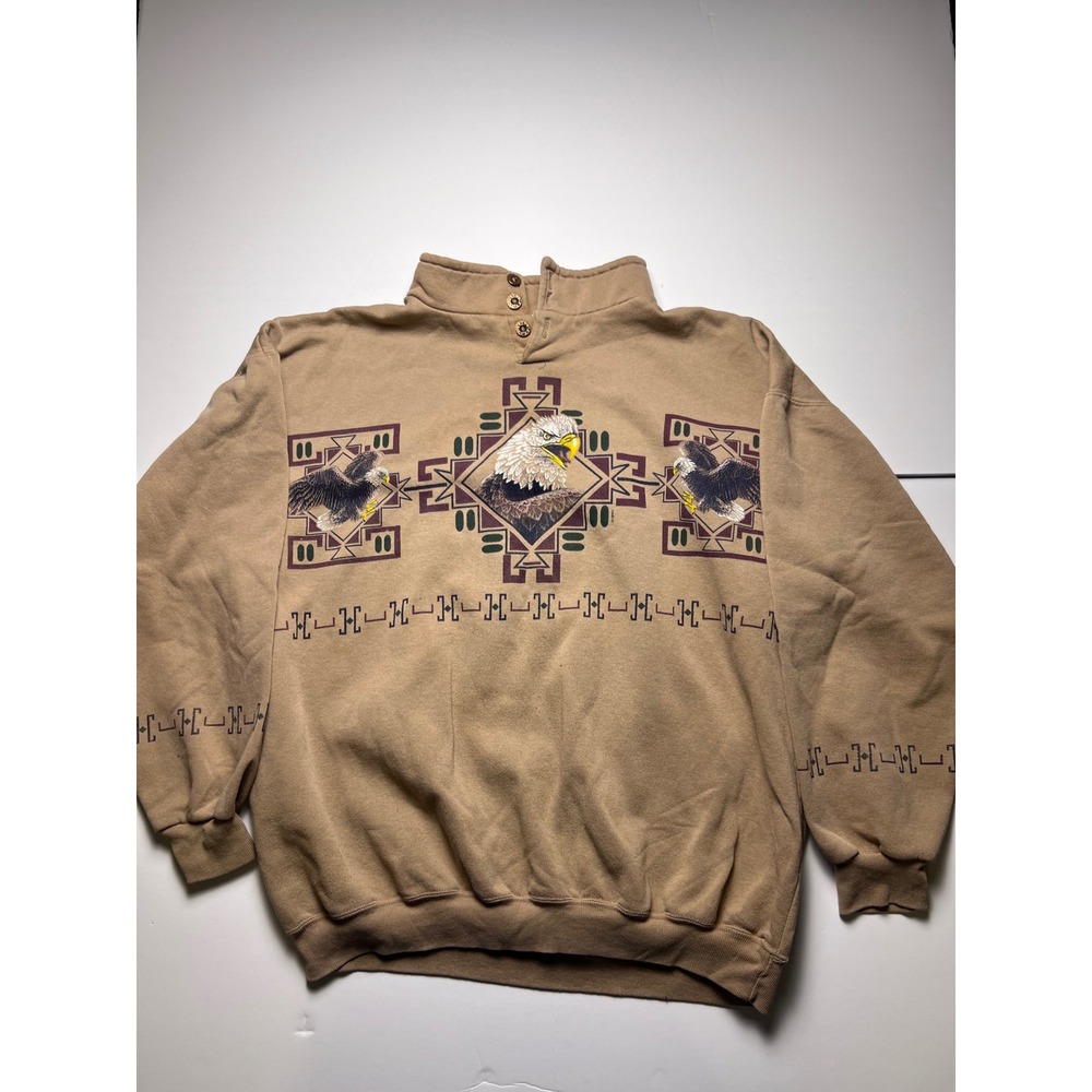 Art Unlimited Sportswear Sweatshirt Mens XL Tan Eagle Southwestern Mock Neck USA